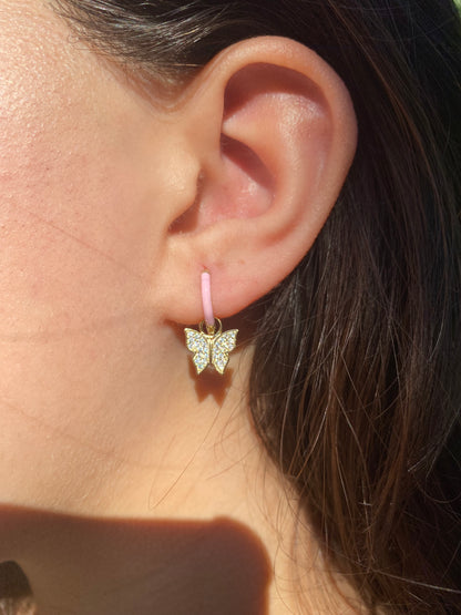 Pink Enamel Butterfly Hoop Earrings